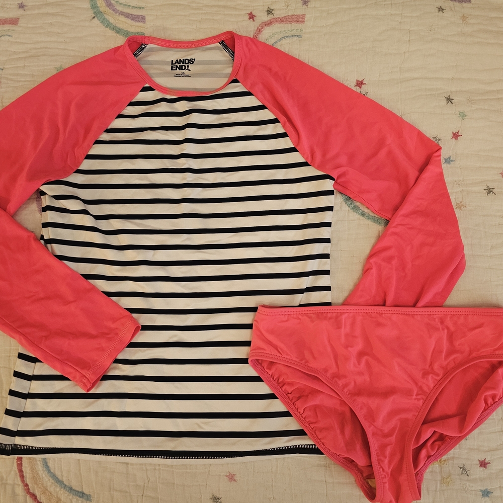 Lands' End Pink and Black Striped Rash Guard Set